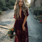 Deep V-neck Short Sleeve Lace Perspective Tight-Sleeve Dress Maxi Dress