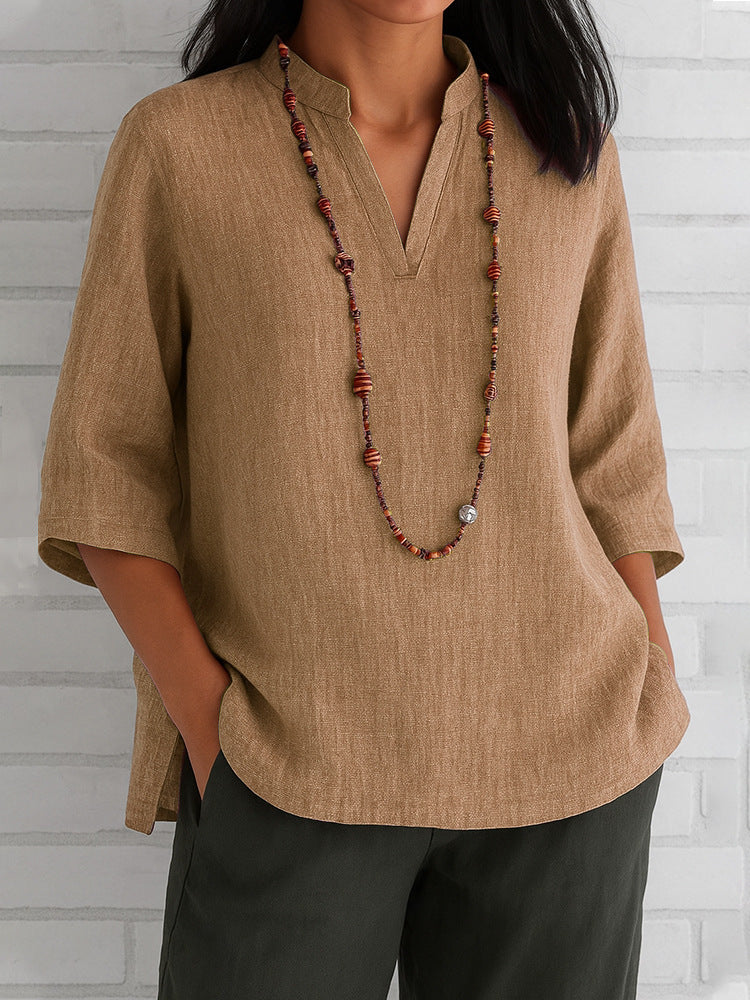 Summer Women's Clothing V-neck 34 Sleeves Cotton And Linen Loose Casual Shirt