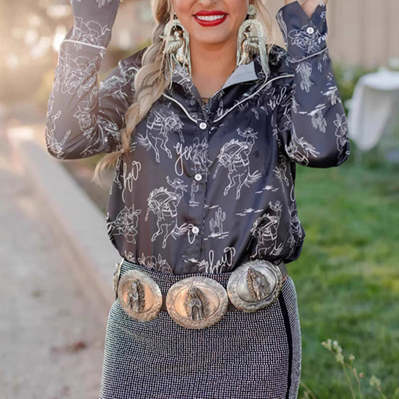 Denim Ethnic Street Printing Slim Fit Women's Shirt