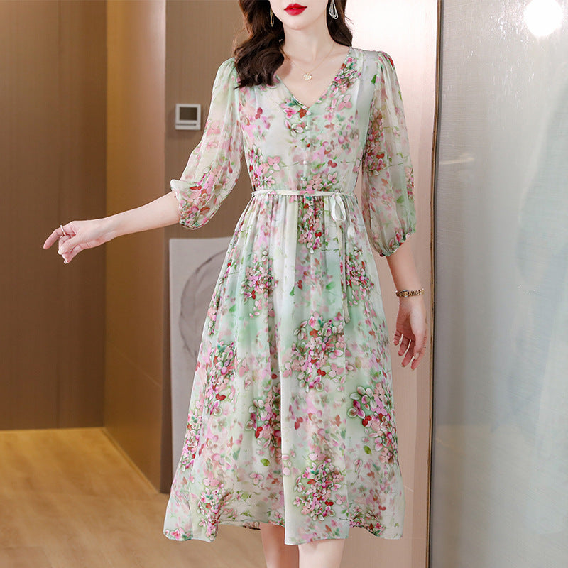 New Fashion V-neck Temperament Printed Dress