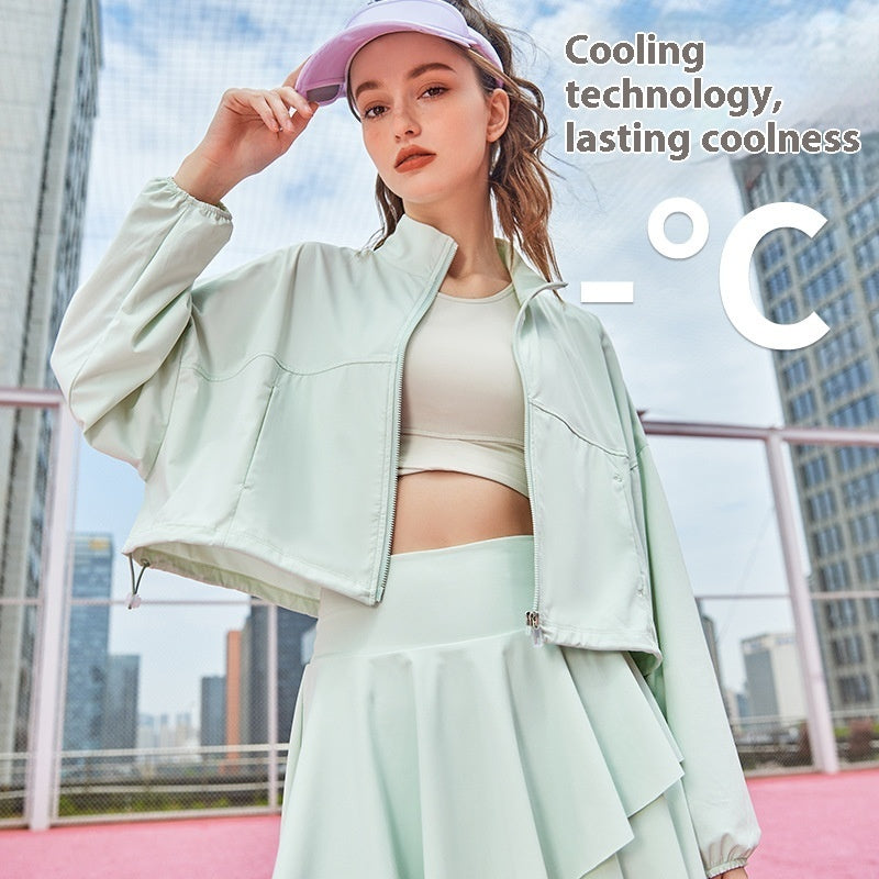 Stand Collar Pocket Cool UV-proof Women's Outdoor Sports Fitness Jacket Loose Breathable Casual Top