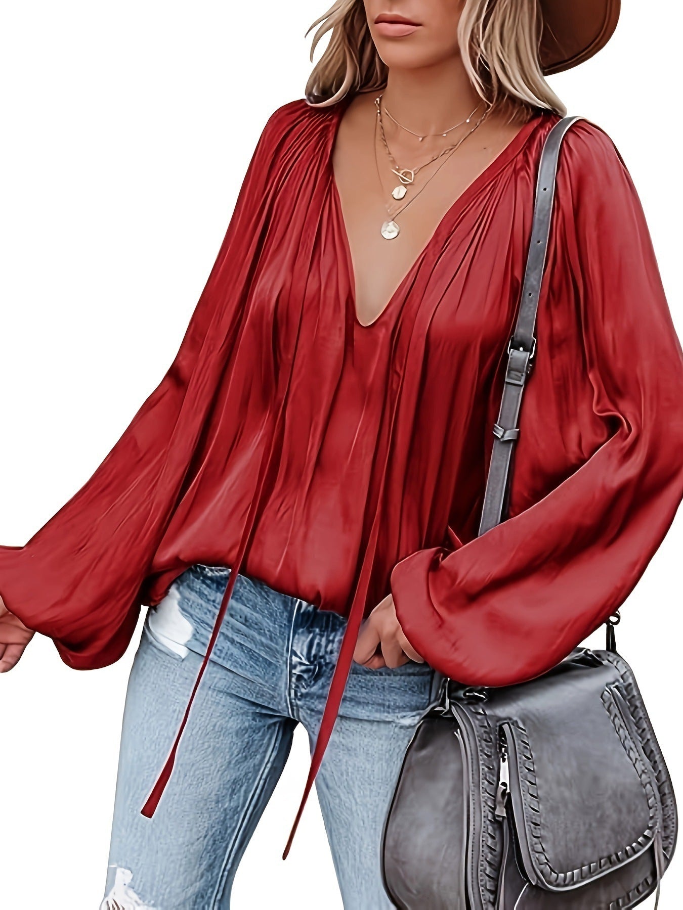 Women's Satin V-neck Long Sleeve Shirt Casual