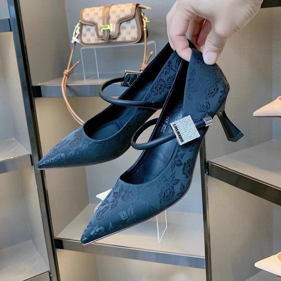 Pointed Toe Chinese Style Embroidery Low-cut High Heels Women's Stiletto Heel