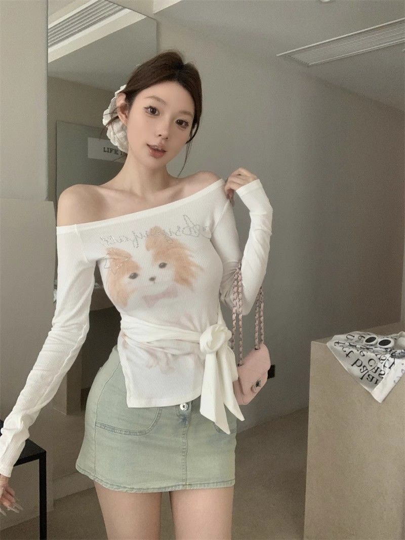 Women's Letter Rhinestone Shoulder Print Long Sleeve Slim-fit Lace Up