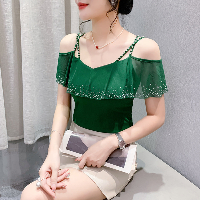 Mesh Hot Drilling V-neck Patchwork Top