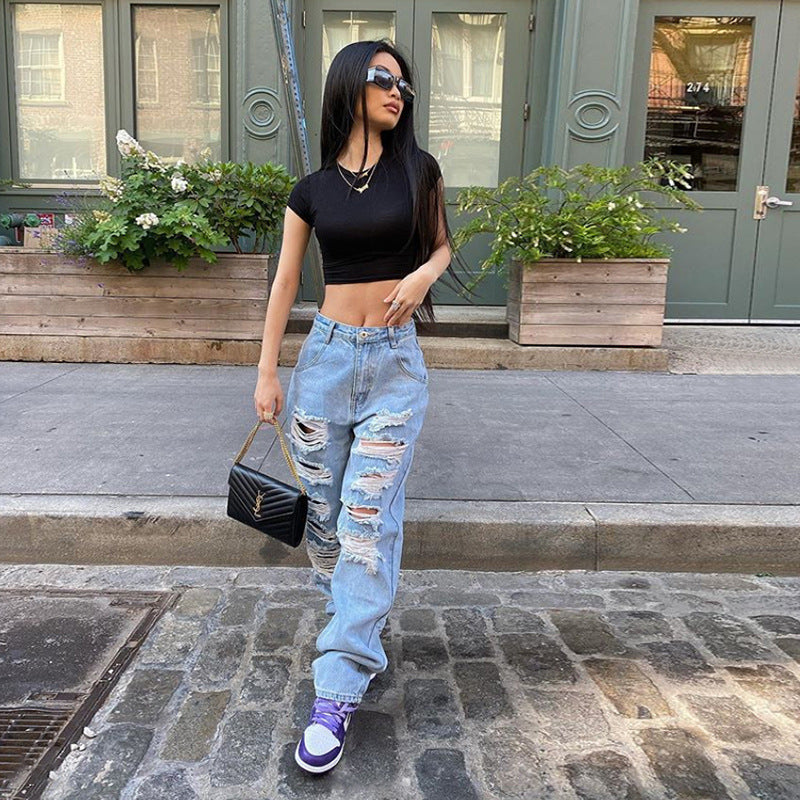 European and American Street Ripped Jeans Women Light Color High Waist