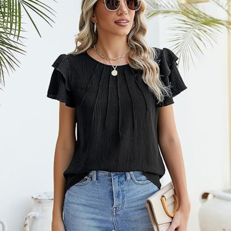 Summer Pleated Short Sleeve Round Neck Top Business Work Shirt