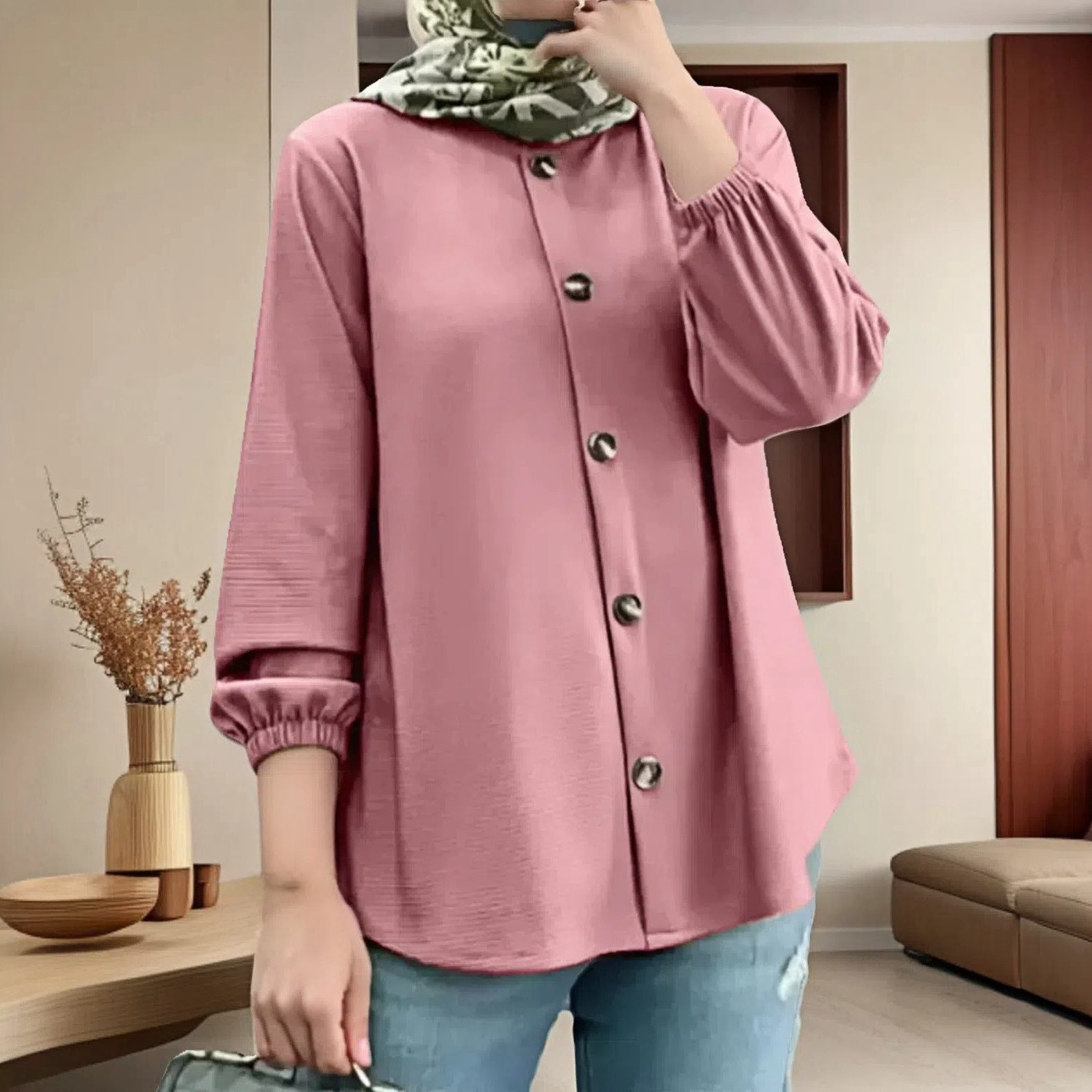 New Round Neck Long Sleeve Cuff Blouse