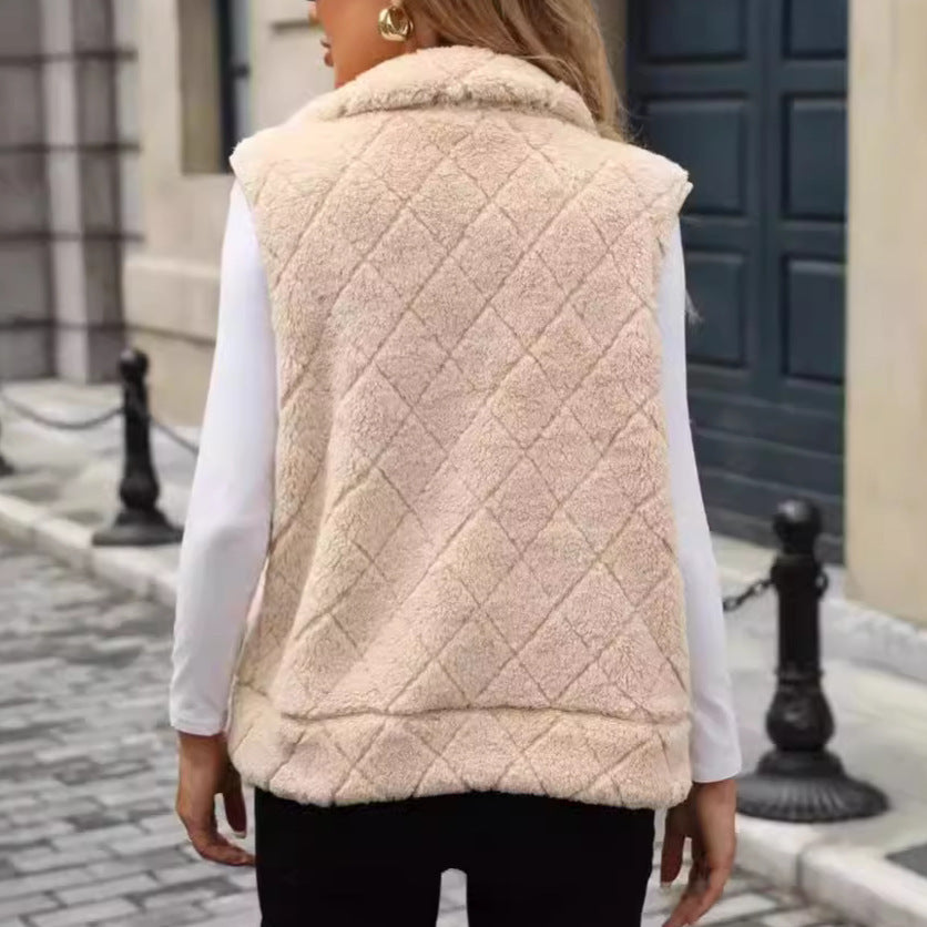 Loose Zip Diamond Lattice Coat Plush Vest