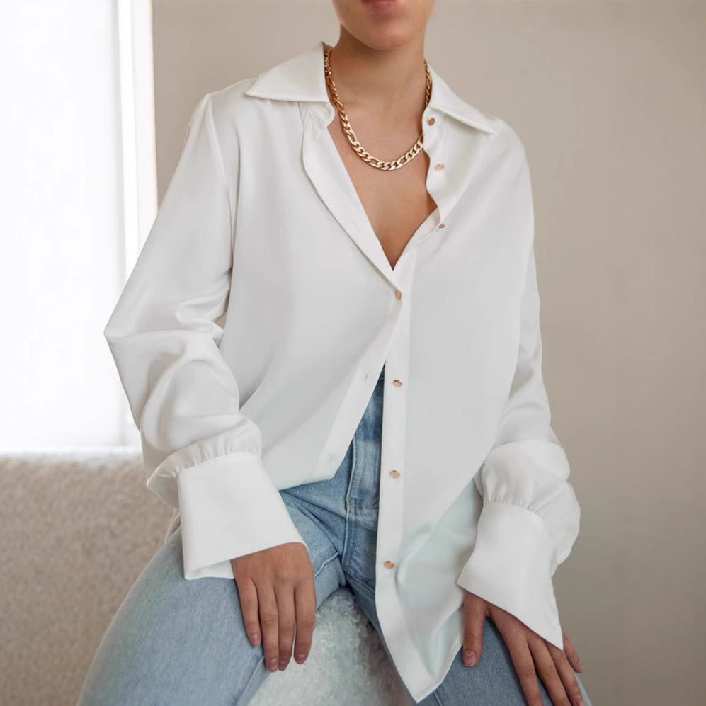 French Style White With Lapel Long Sleeve Shirt For Women