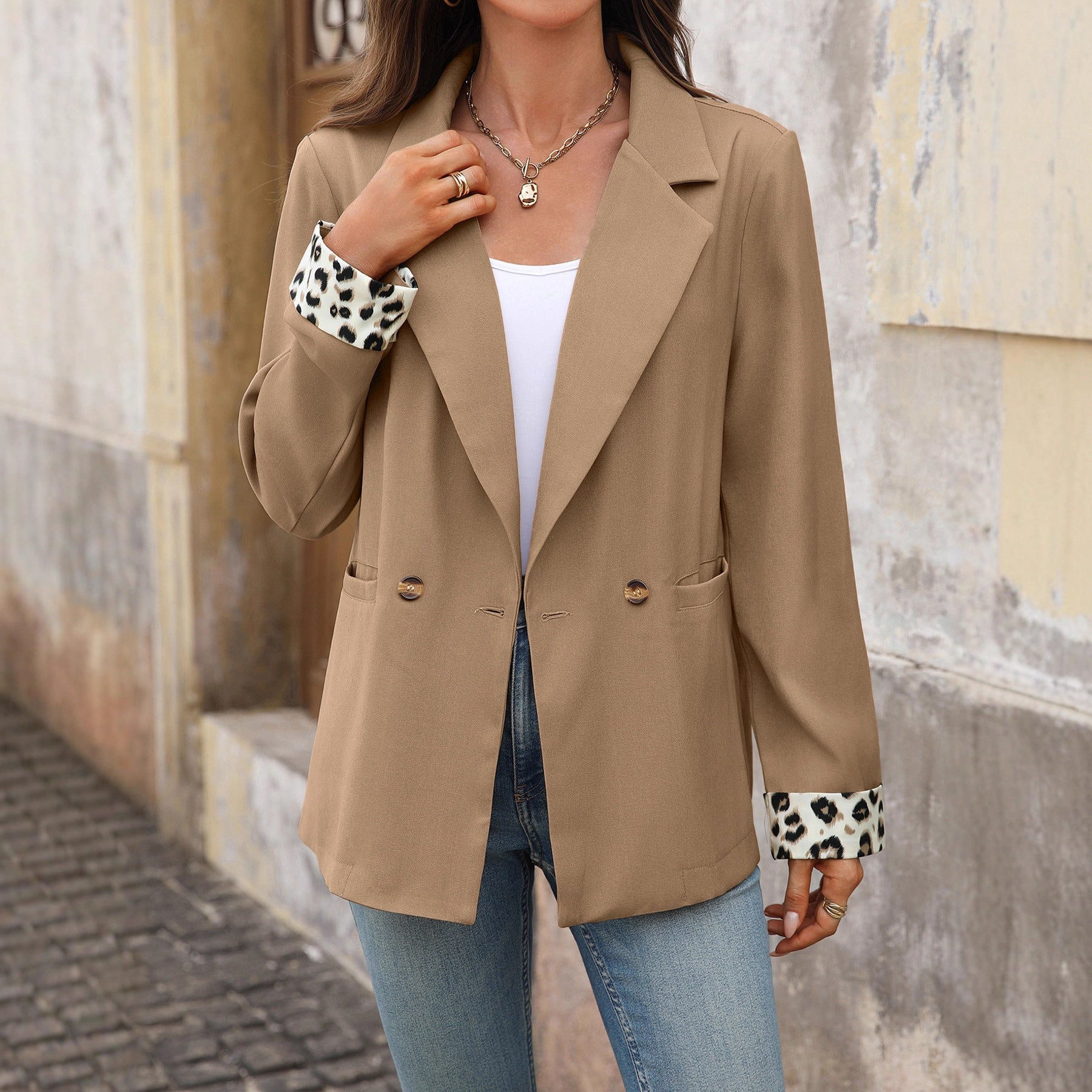 Vintage Leopard Print Stitching Suit Jacket For Women