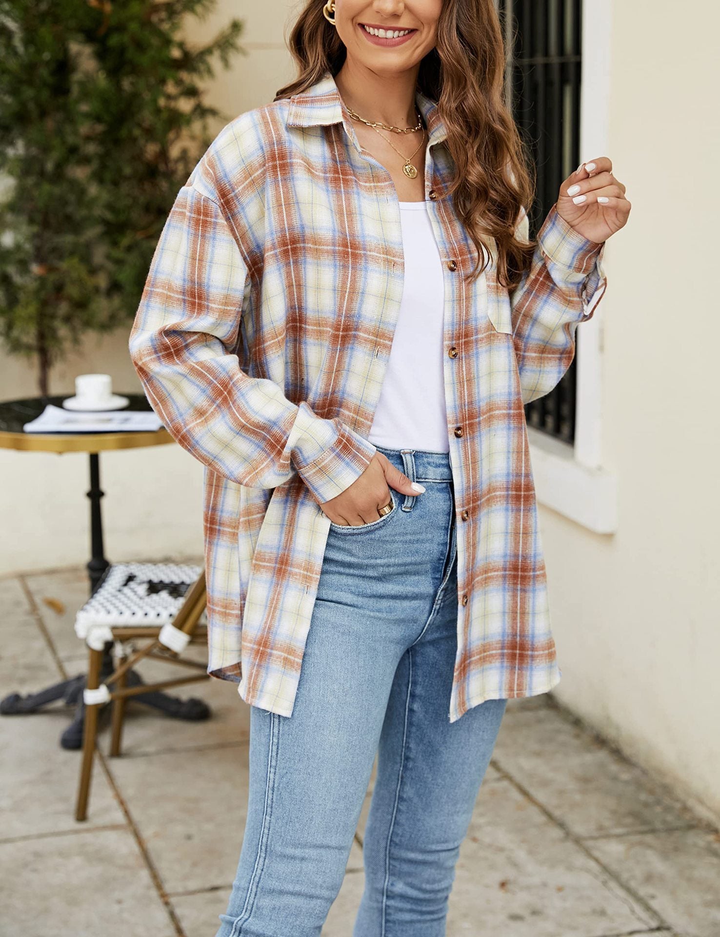 Plaid Long Sleeve Pocket Button Shirt Mid-length