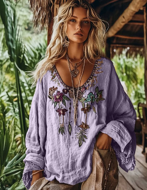 Vintage Violet Floral Art V Neck Cotton Linen Shirt