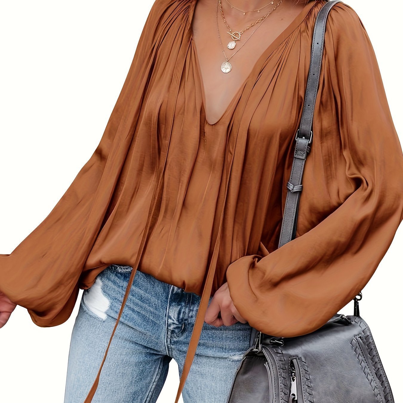 Women's Satin V-neck Long Sleeve Shirt Casual