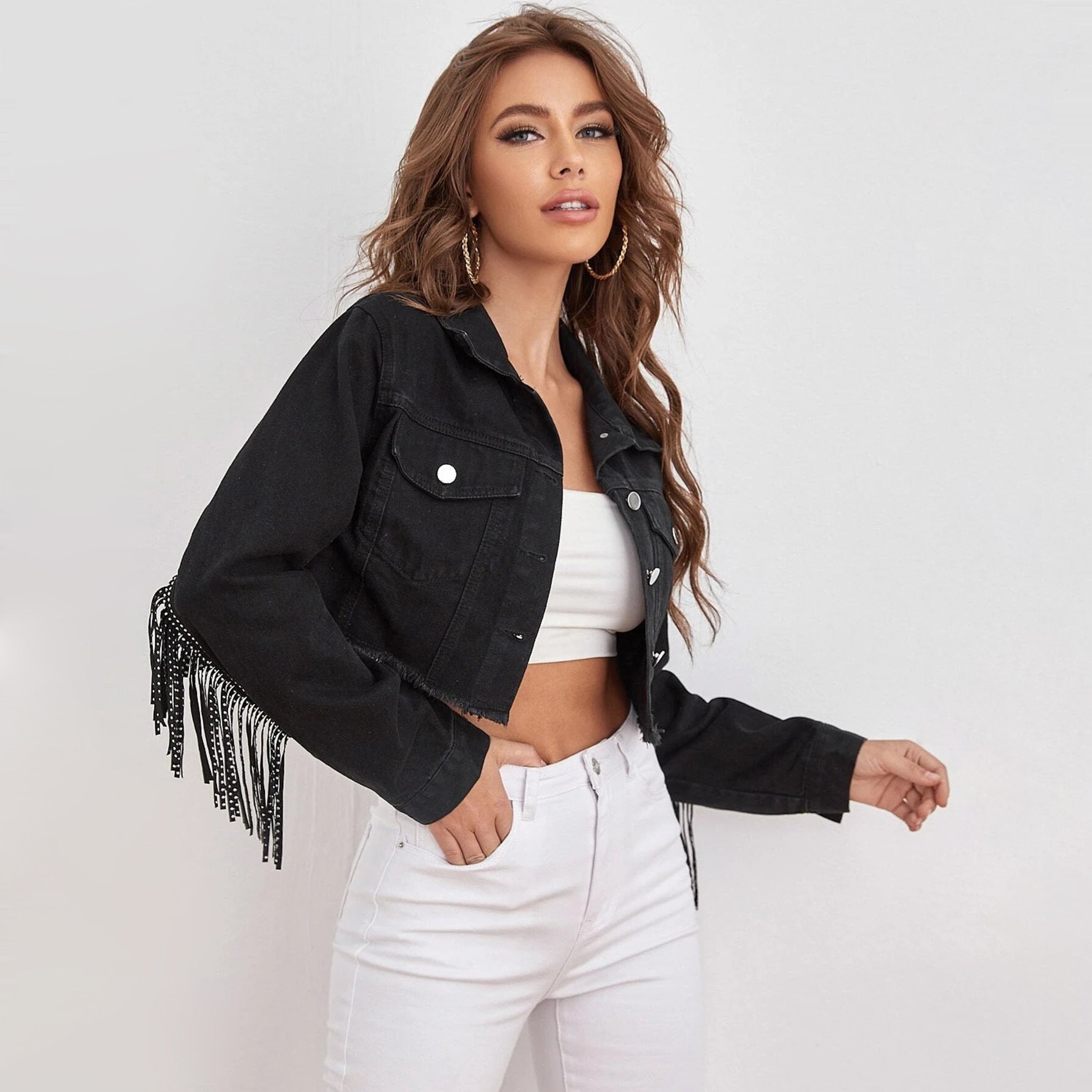 Women's Fashion Tassel Raw Edge Denim Jacket