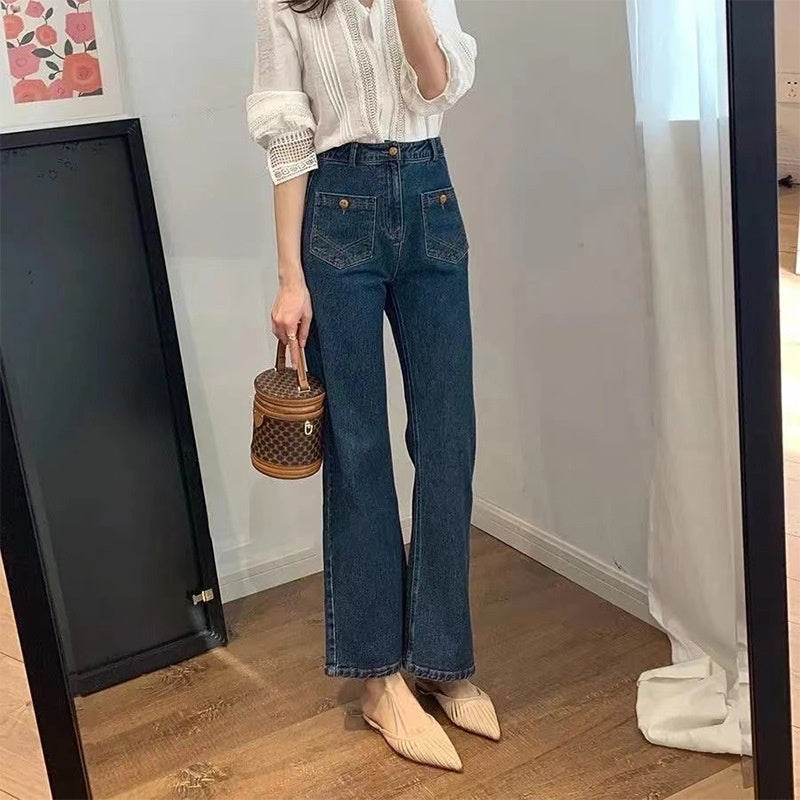 French Retro Blue High Waist Jeans Ladies New