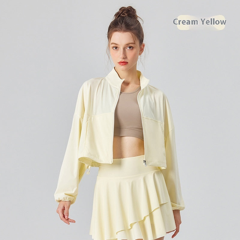 Stand Collar Pocket Cool UV-proof Women's Outdoor Sports Fitness Jacket Loose Breathable Casual Top